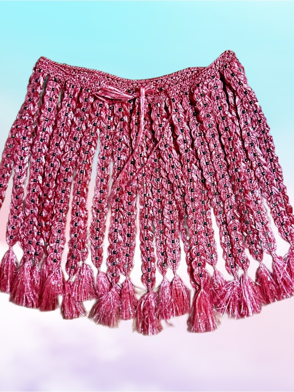 Handmade • Waist: 40-60” (Adjustable) • Pink Plastic Crochet W/ Black Bead Skirt
